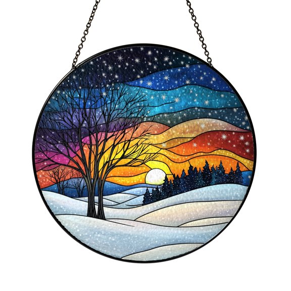 Winter Landscape Stained Glass Style Window Suncatcher, Snowy Nature Art Panel, Decorative Glass Style Window Hanging for Seasonal Home Decor