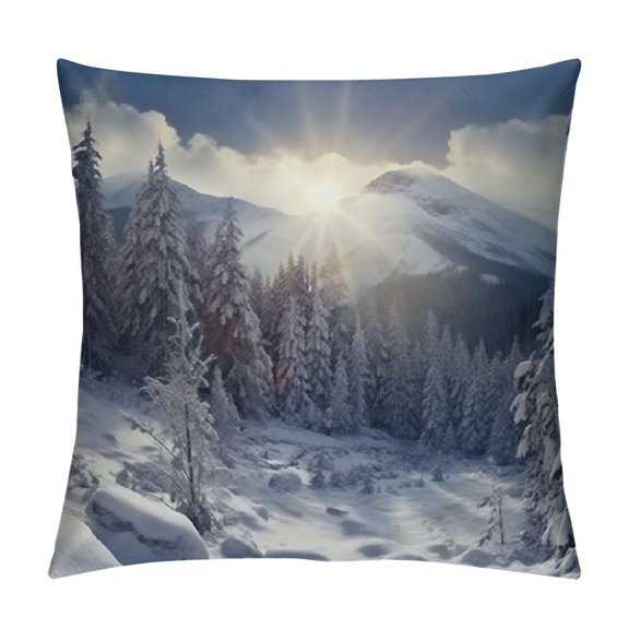 Winter Landscape Throw Pillow Cases, Nature Snowy Mountain Fir Trees Sunshine S  Decorative Throw Pillow Cover, Square Pillow Cushion Case Home Decor for Sofa Couch Bed Ca