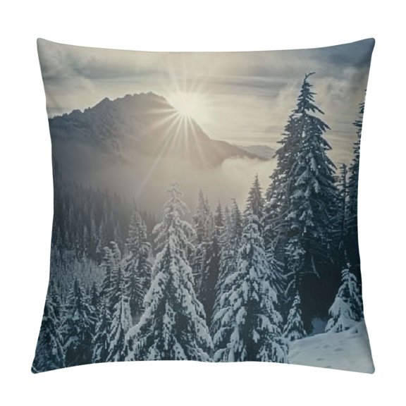 Winter Landscape Throw Pillow Cases, Nature Snowy Mountain Fir Trees Sunshine Set Decorative Throw Pillow Cover, Square Pillow Cushion Case Home Decor for Sofa Couch Bed Car