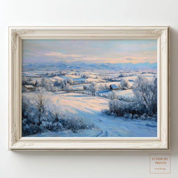 Winter Landscape Wall Art, Snowy Mountain Print, Vintage Landscape, Countryside Wall Print, Home Decor #2104, Stretched Canvas Size 16x24