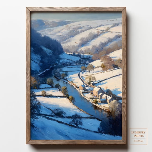 Winter Landscape Wall Art, Snowy Mountain Print, Winter Village Print, River Wall Art, Home Decor #2097, Stretched Canvas Size 16x24