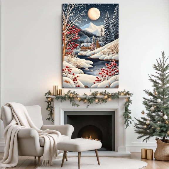 Winter Landscape Wall Art Snowy Scenery Poster Cozy Cabin Wall Decor Season Poster Winter Artwork Ready To Hang, Unframed Canvas Size 24x36