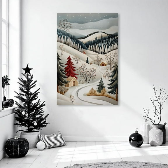 Winter Landscape Wall Art Winter Festive Wonderland Print Snowy Forest Poster Mountain Village Decor Seasonal Decor Gift Idea Ready to Hang, Stretched Canvas Size 12x18