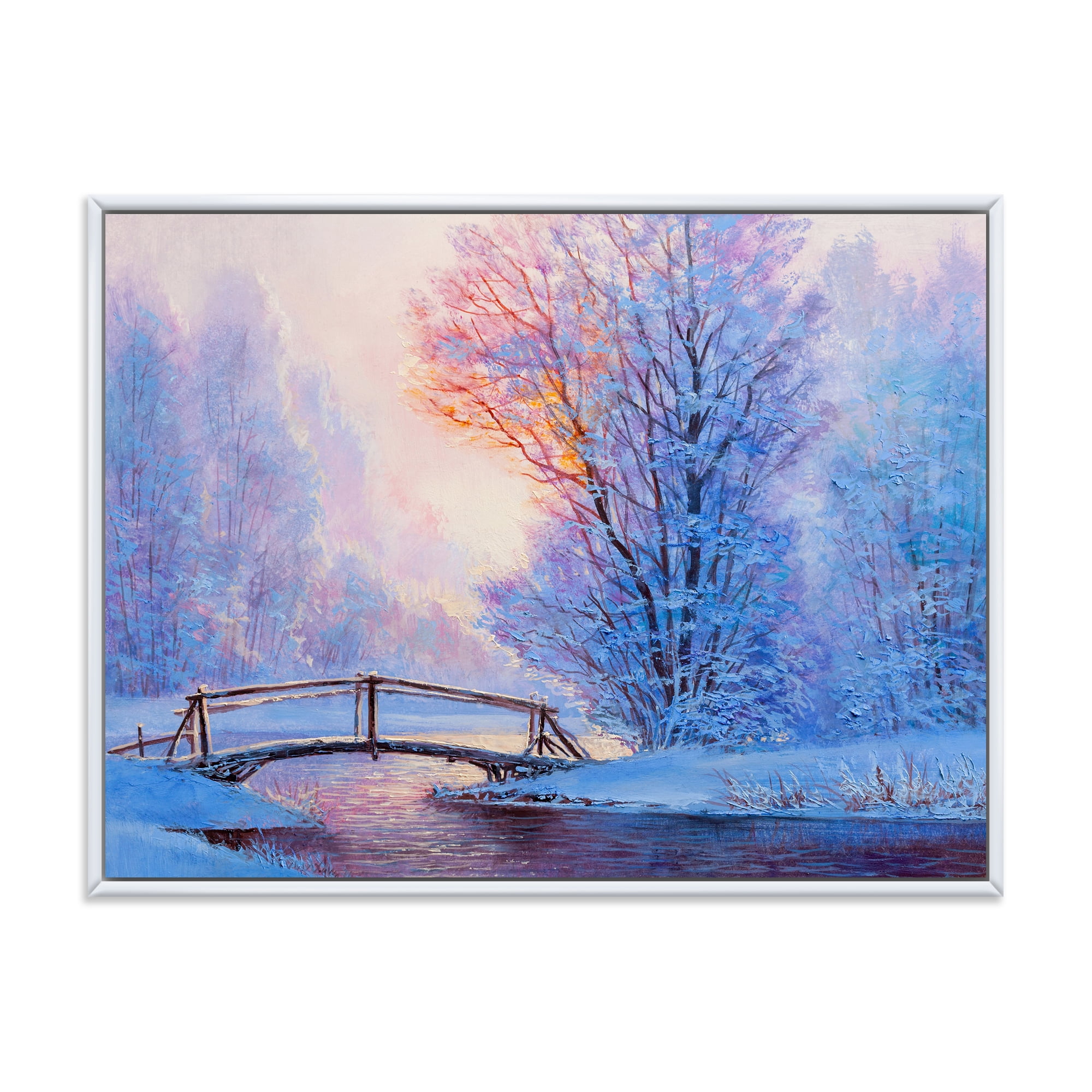 Winter Landscape With A Bridge and A River 20 in x 12 in Framed Painting Canvas Art Print, by Designart