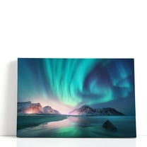 Winter Landscape With Aurora Borealis, Lofoten Islands - Wrapped Canvas Print Wall Art | 18" W x 12" H