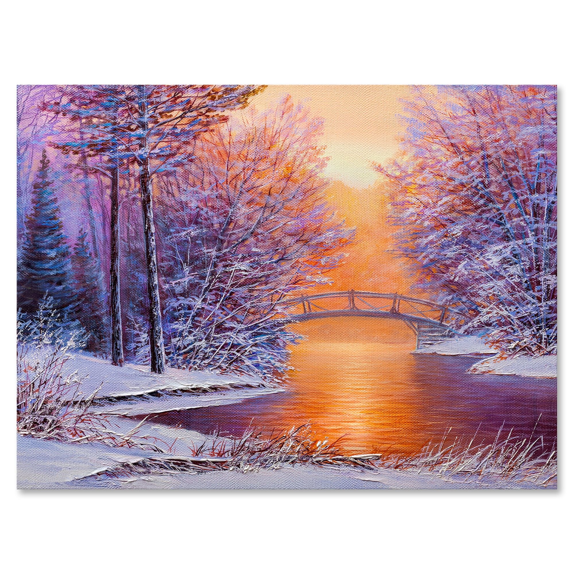 Winter Landscape With Bridge Over The River 12 in x 8 in Painting Canvas Art Print, by Designart