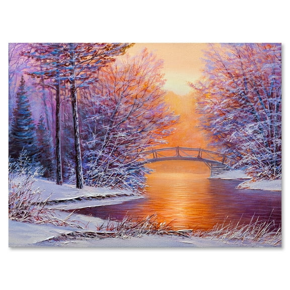 Winter Landscape With Bridge Over The River 8 in x 12 in Painting Canvas Art Print, by Designart