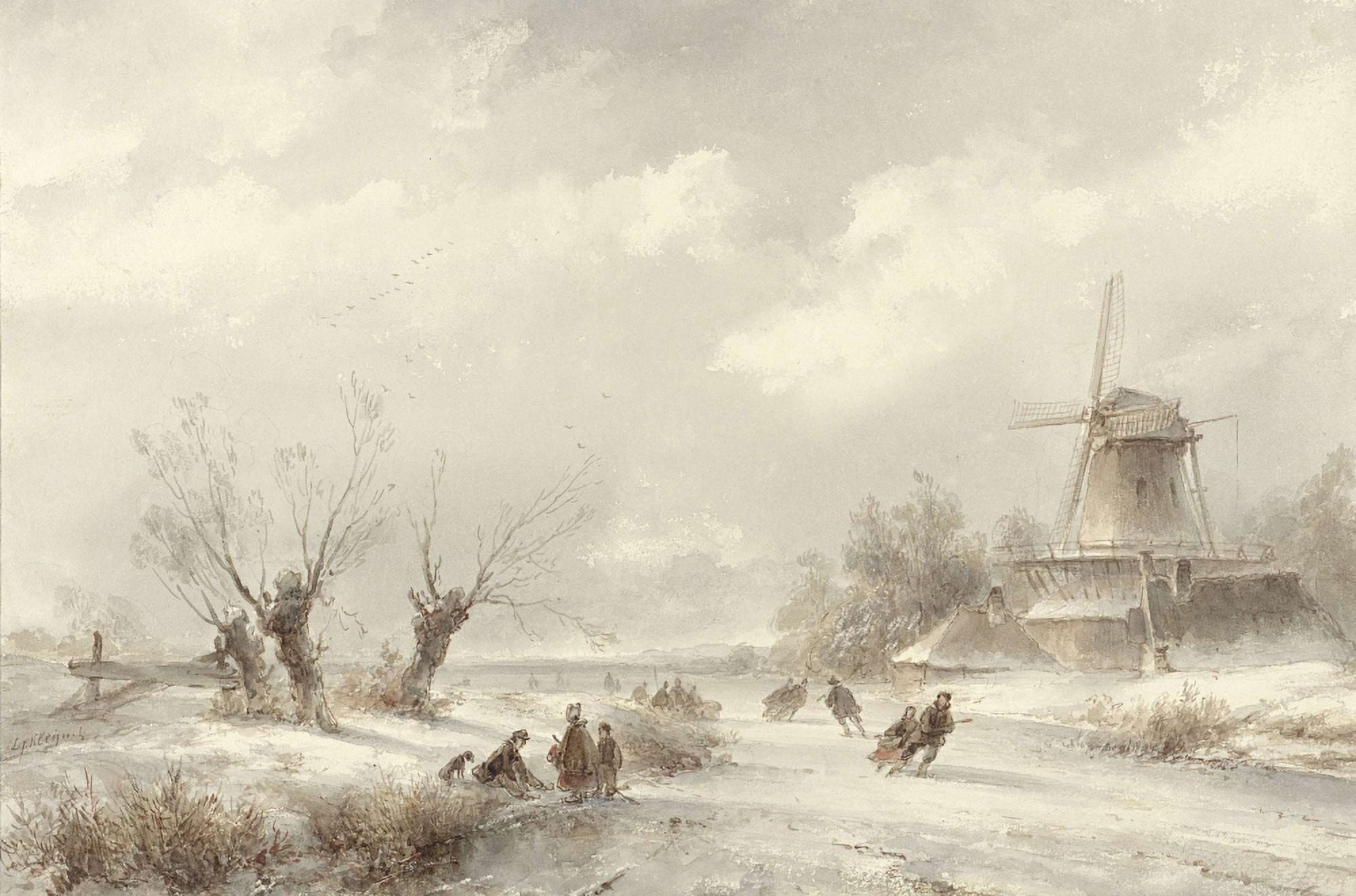 Winter Landscape With Skaters By A Windmill Canvas Art - (24 x 18)