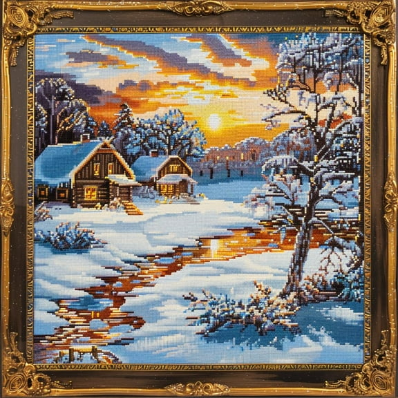 Winter Landscape with Wooden Houses River DIY 11CT Stamped Cross Stitch Kits for Beginners Easy Needlepoint Embroidery Counted Cross Stitch Art Craft for Wall Decoration 14x14inch(4)
