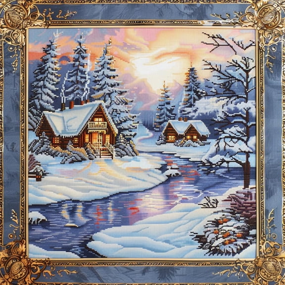 Winter Landscape with Wooden Houses River DIY 11CT Stamped Cross Stitch Kits for Beginners Easy Needlepoint Embroidery Counted Cross Stitch Art Craft for Wall Decoration 14x14inch(3)