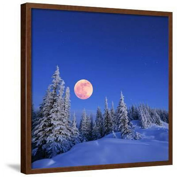 Winter Landscape in the Mountains at Night. A Full Moon and a Starry Sky. Carpathians, Ukraine, Framed Art Print Wall Art by Kotenko Sold by Art.Com