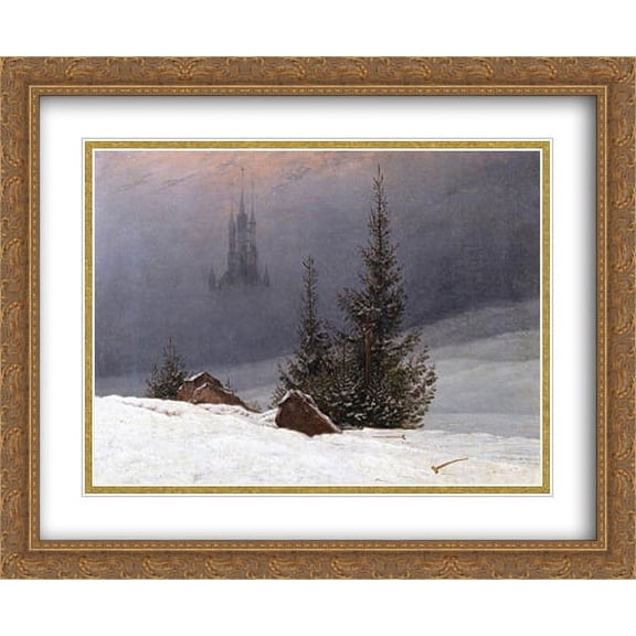 Winter Landscape with Church 2x Matted 34x28 Large Gold Ornate Framed Art Print by Friedrich, Casper David