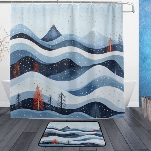 Winter Landscape with Mountains Bathroom Accessory Sets Waterproof Shower Curtain with Anti-Slip Bath Mat Durable Combo