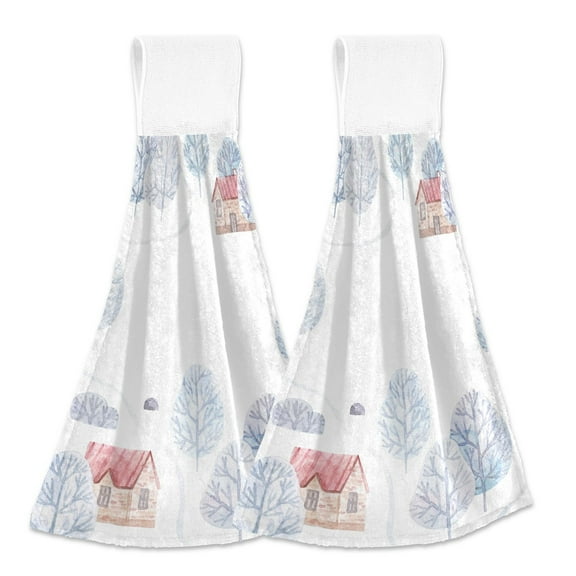Winter Landscape with Trees 2pcs Loop Hanging Bathroom Hand Towel Soft Dish Towel Absorbent Tie Towels for Kitchen Tea Bar Washcloth Toilet Decor