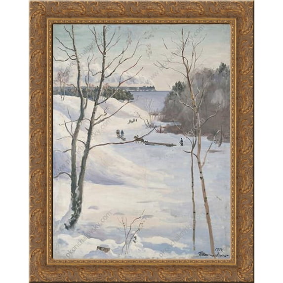 Winter Landscape with train 24x20 Gold Ornate Wood Framed Canvas Art by Pyotr Konchalovsky