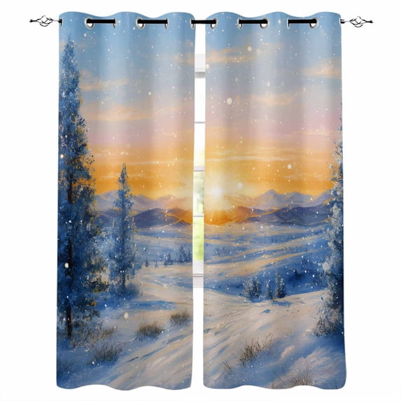 Winter Landscapes Blackout Curtains 90 Inch Length 2 Panels Set for Living Room Bedroom, Snowfall Nature Forest Sunset Privacy Window Treatment Thermal Insulated Black Out Drapes 52"x90"