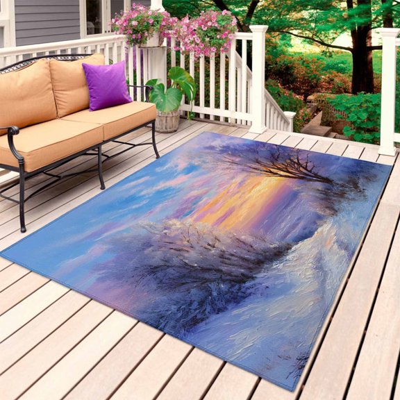 Winter Landscapes Outdoor Rug 3x5 Ft, Non Slip Washable Area Rug, Christmas Nature Snow Forest Sunset Patio Rugs Carpet Runner, Large Floor Mat for Indoor/Outdoor Deck Porch Camping