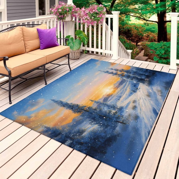 Winter Landscapes Outdoor Rug 5x8 Ft, Non Slip Washable Area Rug, Snowfall Nature Forest Sunset Patio Rugs Carpet Runner, Large Floor Mat for Indoor/Outdoor Deck Porch Camping