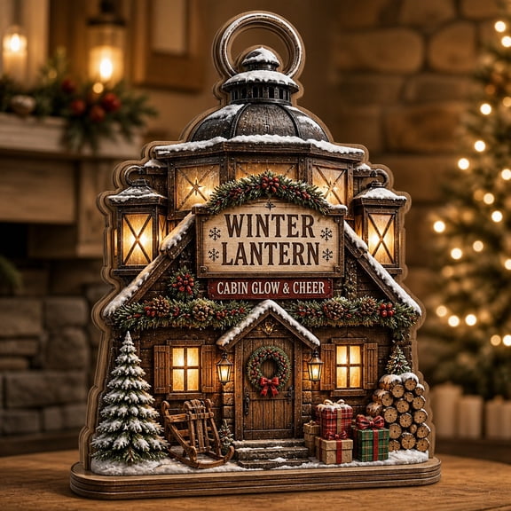 Winter Lantern Cabin Wooden Block Tabletop Display for Christmas Decor
