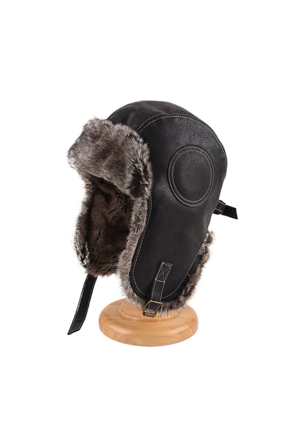 Winter Leather Aviator Trapper Hat Men Women, Warm Pilot Bomber Hat with Ear Flaps, Windproof Motorcycle Riding Cap, Thick Fur Lined Cold Weather Ski Snow Hat