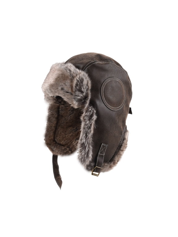 Winter Leather Aviator Trapper Hat Men Women, Warm Pilot Bomber Hat with Ear Flaps, Windproof Motorcycle Riding Cap, Thick Fur Lined Cold Weather Ski Snow Hat
