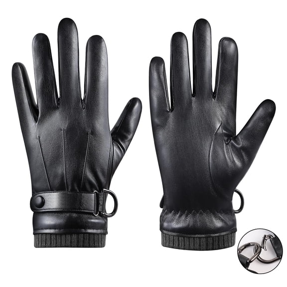 Winter Leather Gloves for Men Women, Full-Hand Touchscreen PU Leather Thermal Gloves with Soft Fleece Lining, Windproof Water-Resistant, Adjustable Snap Cuff, Detachable Spring Buckle, XL