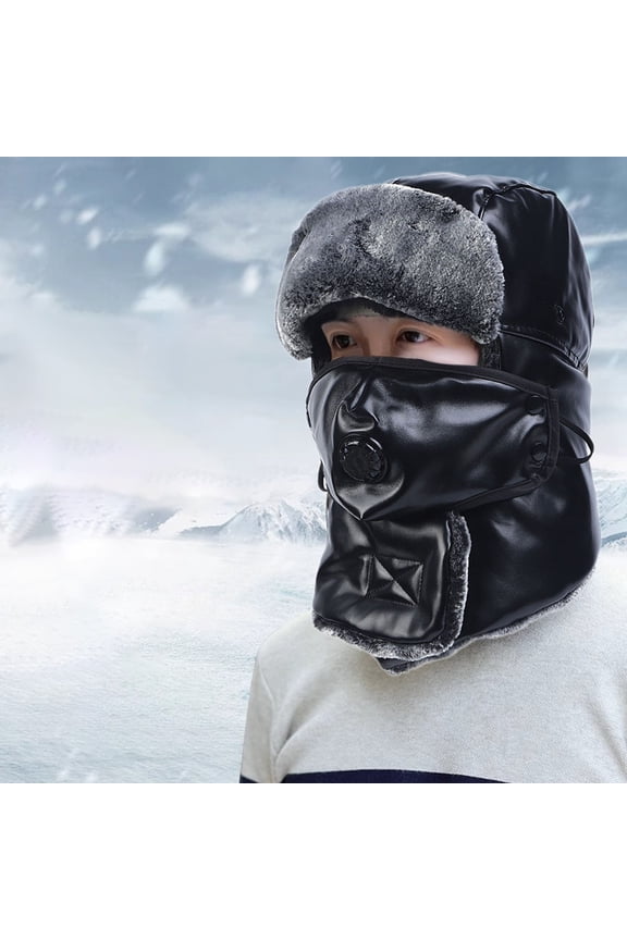 Winter Leather Hat with Fleece Thickened Lining, Detachable Mask Waterproof Windproof Riding Hat, Warm Faux Leather Cap for Skiing Cycling Snow Outdoor Motorcycle Use