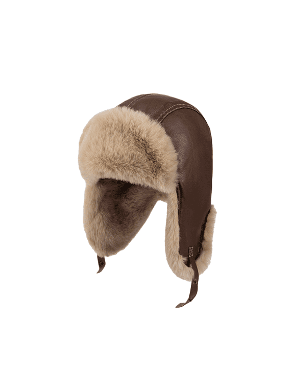 Winter Leather Trapper Hat for Men Women, Thick Fleece Lined Earflap Cap, Windproof Thermal Aviator Hat, Warm Fur Bomber Cap for Cold Weather Outdoor Ski Snow