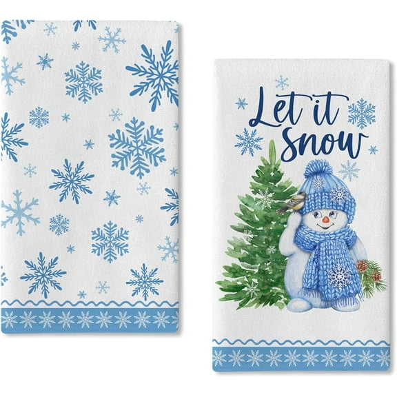 Winter Let it Snow Snowman Kitchen Dish Towel Set of 2, Blue Snowflakes Chickadee Hand Drying Baking Cooking Cloth, Christmas Tree Pine Cones Holiday Decor Home Decorations 18 x 26 Inch