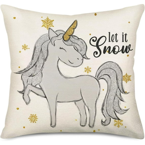 Winter Let it Snow Throw Pillow Cover Merry & Bright Christmas Unicorn Grey White Golden Snowflake Pillow Cases Xmas Outdoor Farmhouse Decorations Cotton Linen 20"x20" Cushion Cover