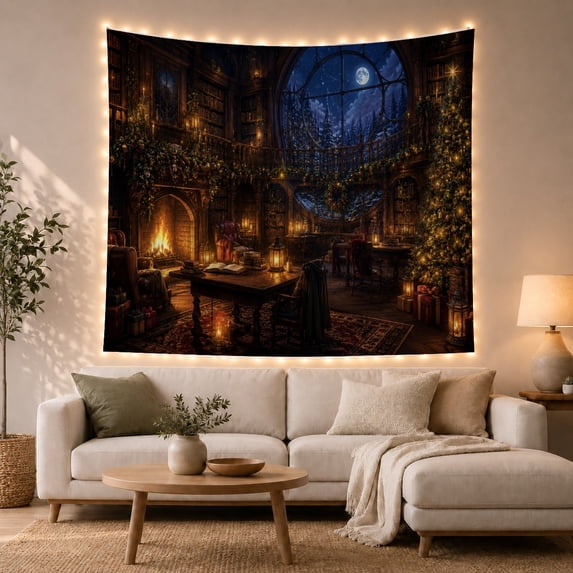 Winter Library with Fireplace and Moon Window, Peaceful Fantasy for Book Lovers, Literary Wall Decor, Christmas Gift, Tapestry Wall Hanging for Bedroom and Reading Nook