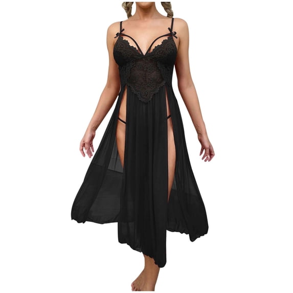 Winter Lindreshi Lingerie Sets for Women 2pc Set Women's Mesh Deep V Lace Pajamas Side Slit Sling Skirt Extended Home Dress Pajama Dress Women's Set