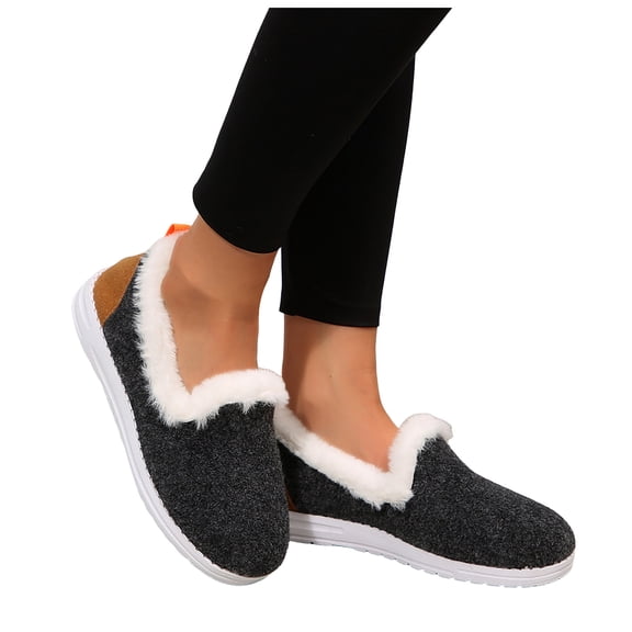 Winter Loafers for Women Trendy Color Block Suede Casual Low Top Plush Lined Round Toe Slip on Flat Shoes Indoor Outdoor Walking Shoes Dark Gray Size 9.5