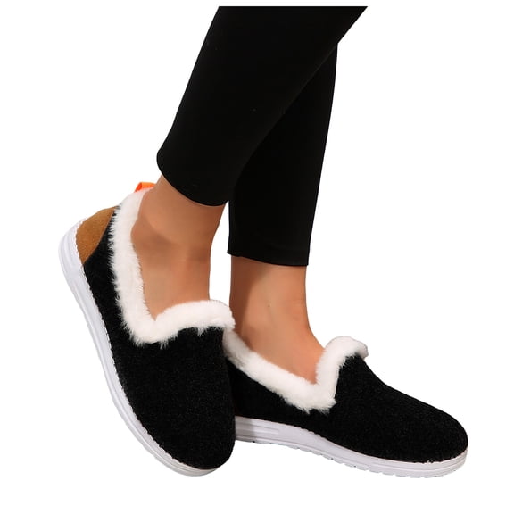 Winter Loafers for Women Trendy Color Block Suede Casual Low Top Plush Lined Round Toe Slip on Flat Shoes Indoor Outdoor Walking Shoes Black Size 9.5