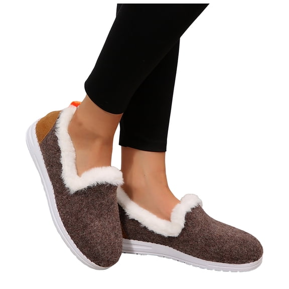 Winter Loafers for Women Trendy Color Block Suede Casual Low Top Plush Lined Round Toe Slip on Flat Shoes Indoor Outdoor Walking Shoes Brown Size 7.5