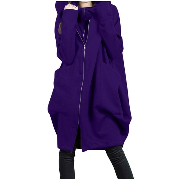 Winter Long Coats for Women Plus Size False Two Piece Winter Warm Loose Zip Hooded Jacket Coat