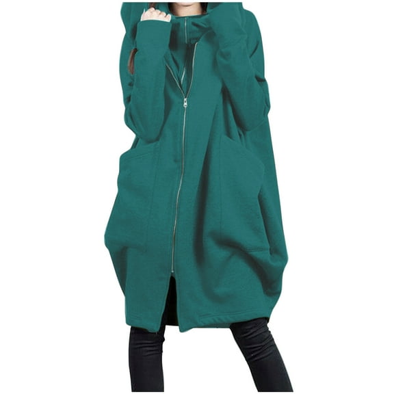 Winter Long Coats for Women Plus Size False Two Piece Winter Warm Loose Zip Hooded Jacket Coat