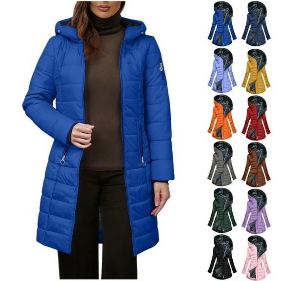 Winter Long Coats for Women Plus Size Winter Warm Plush Zip Up Lapels Hooded Jacket Outwear Coat Solid Long Sleeved Jacket