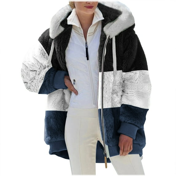 Winter Long Coats for Women Plus Size Winter Warm Loose Plush Zip Hooded Jacket Coat Gifts Christmas Gift
