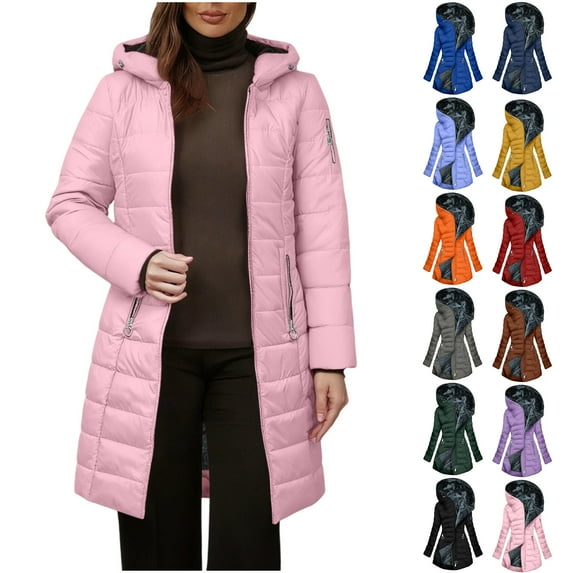 Winter Long Coats for Women Plus Size Winter Warm Plush Zip Up Lapels Hooded Jacket Outwear Coat Solid Long Sleeved Jacket