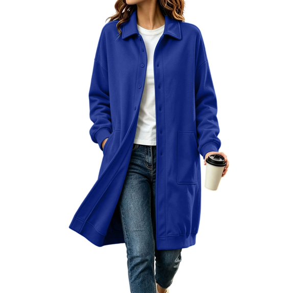 Winter Long Jackets for Women Lapel Collar Button Down Coat with Long Sleeve Soft Outdoor Wear Jackets Blue 2XL