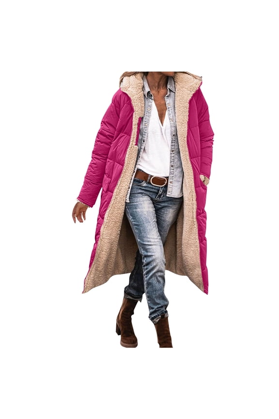 Winter Long Jackets for Women Thicken Sherpa Fleece Coat Quilted Reversible Zip Up Puffer Hooded Overcoat Outwear (S, Hot Pink)