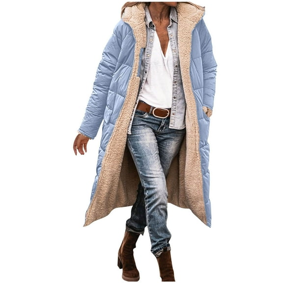 Winter Long Jackets for Women Thicken Sherpa Fleece Coat Quilted Reversible Zip Up Puffer Hooded Overcoat Outwear (XL, Light Blue)