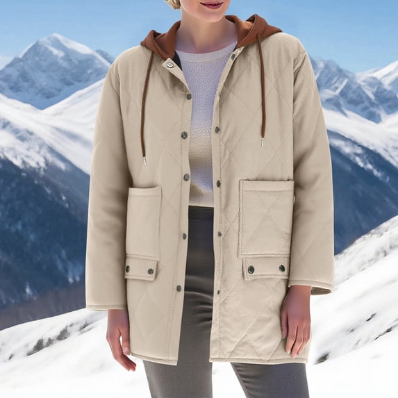 Winter Long Jackets for Women Warm Coat Quilted Fleece Lined Button Overcoat Casual Cotton Padded Outwear Coats with Pockets Khaki XXL