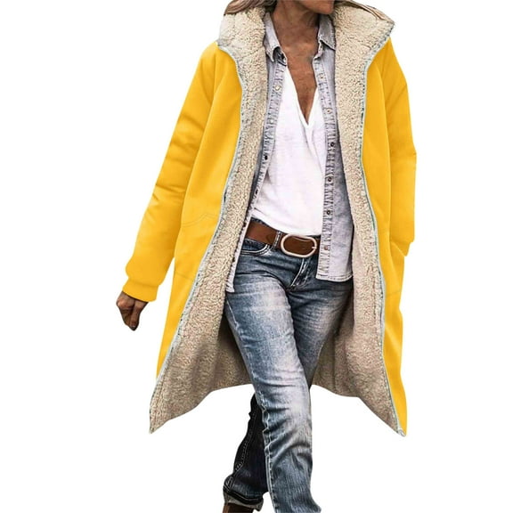 Winter Long Jackets for Women with Pockets, Hooded Sherpa Lined Coat Womens Mid Length Thicken Warm Overcoat (M, Yellow)