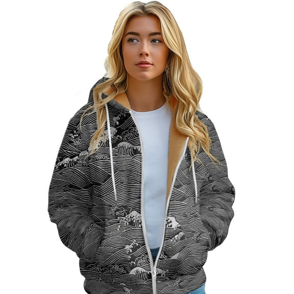 Winter Long Padded Hooded sea wave print Women's Zip Warm Jacket Sweatshirt