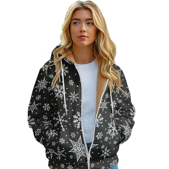 Winter Long Padded Women's Hoodie Snowflake Pattern Print Zipper Jacket sizes XS-6XL