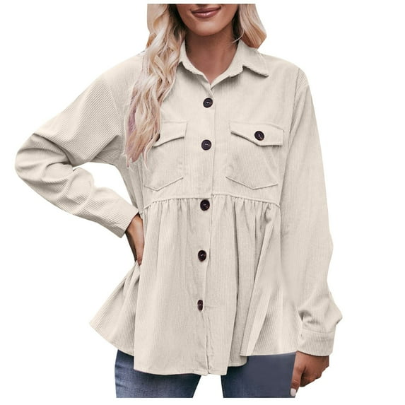 Winter Long Sleeve Blouse for Women Lapel Pleated Button Shirts Coat Solid Color Loose-Fit Corduroy Tops with Pockets