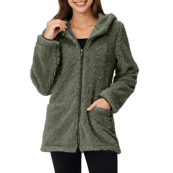 Winter Long Sleeve Hoodies Tops for Women Warm Faux Coat Jacket With Pocket Winter Zipper Solid Long Sleeve Outerwear