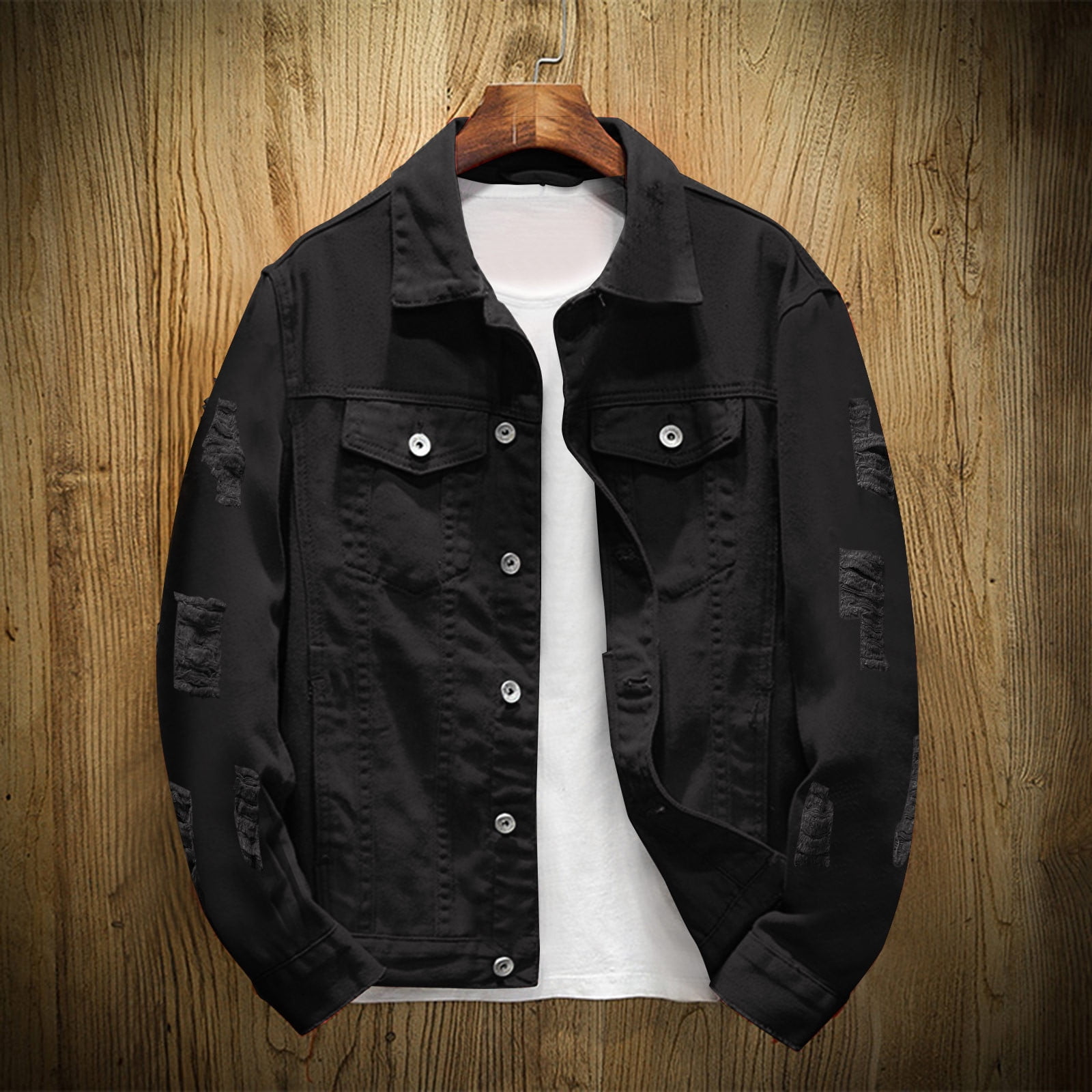 Winter Long Sleeve Jean Denim Jacket for Men Black Mens Spring And Autumn Fashion Leisure Solid Color Buckle Lapel Jcket Coat Top Blouse Walmart